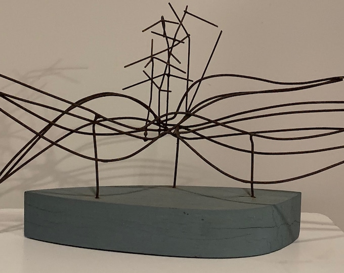 Vintage Abstract Wire Gray Wood Sculpture Mid Century Modern MCM Metal Art 60s 70s