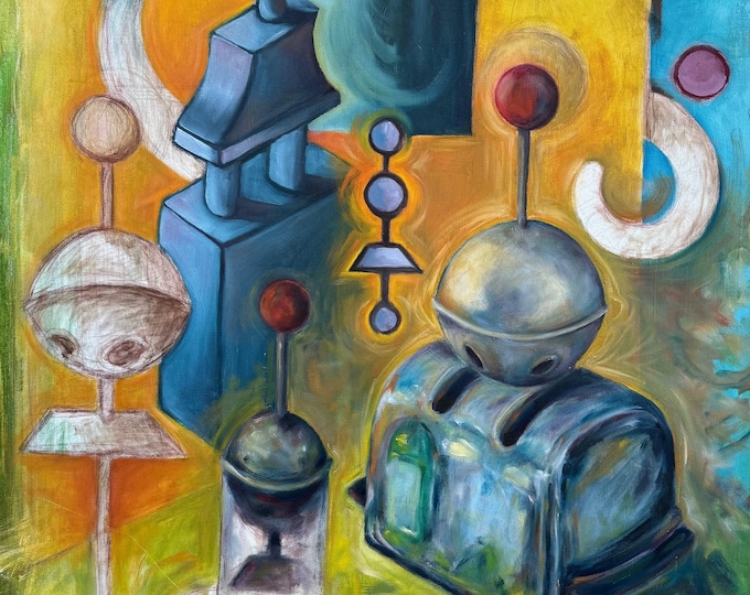 Vintage MCM Abstract Futuristic Surreal Painting Mid Century Modern Art Wall Hanging 70s