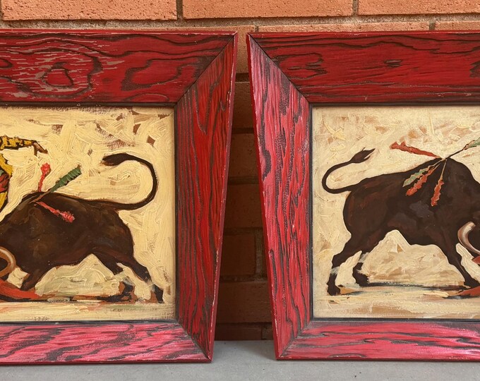 Vintage MCM Matador Bull Paintings Forced Perspective Frames Mid Century Art 50s