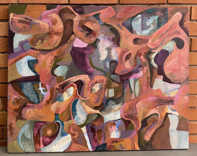 Vintage MCM Multi-Color Abstract Acrylic Painting Canvas Art Mid Century Modern 60s