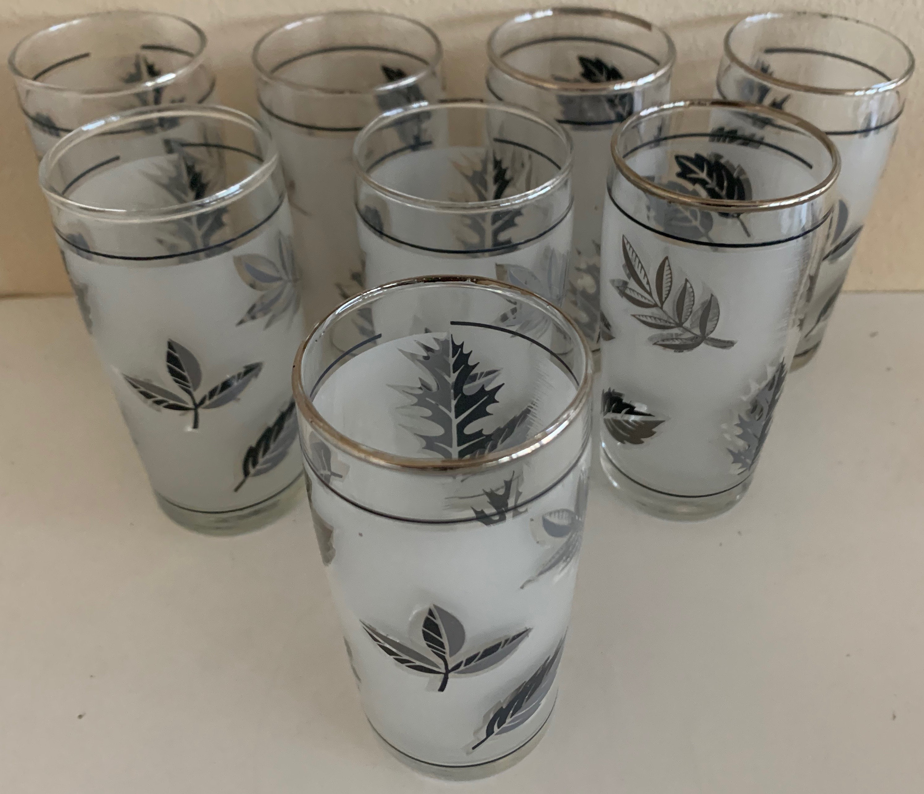 Set 8 Vintage Fall Autumn Leaves Small Frosted Glasses Mid Century
