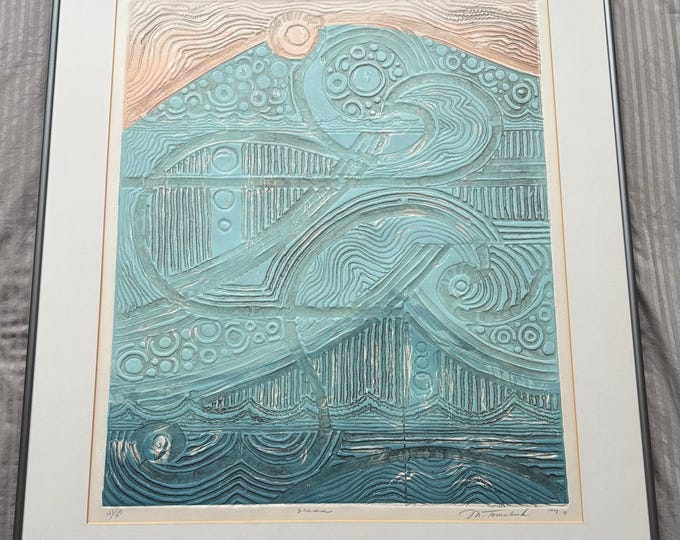 Vintage 70s M. Tomchuk Embossed Collagraph Print Modern Art Signed Framed Matted