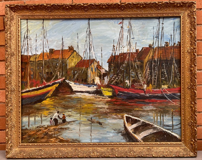 Framed Vintage 70s Nautical Oil Painting Modern Art Wall Hanging Signed Nickel