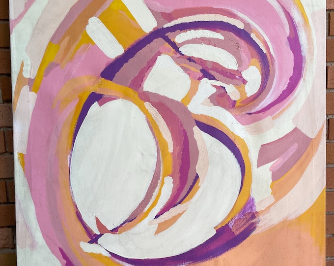 Colorful Vintage 80s Abstract Shape Oil Painting Mid Century Modern Art Wall Hanging