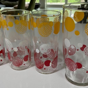Vintage 60s Red Yellow White Round Atomic Ball Glasses Drinkware Mid Century Modern Kitsch