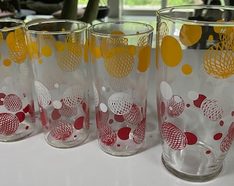 Vintage 60s Red Yellow White Round Atomic Ball Glasses Drinkware Mid Century Modern Kitsch