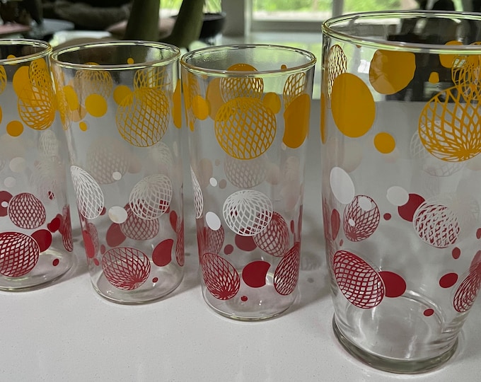 Vintage 60s Red Yellow White Round Atomic Ball Glasses Drinkware Mid Century Modern Kitsch