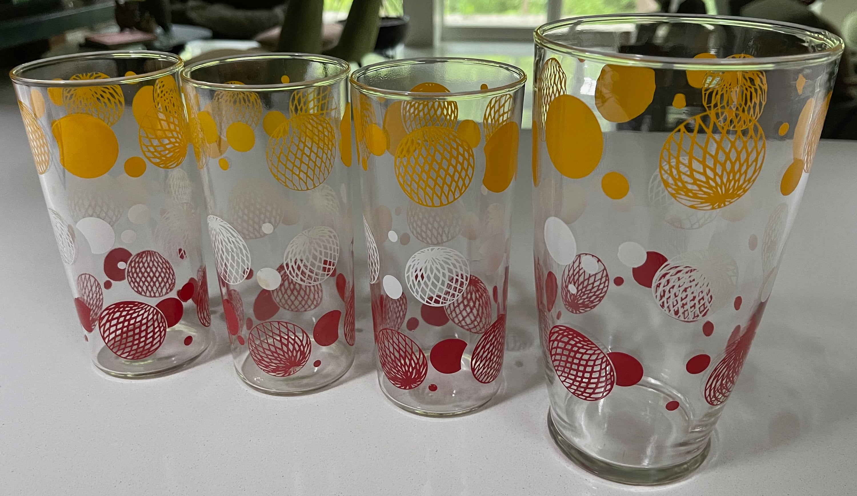 Mid Century Glassware Set of 8 Retro Mod Graphics Barware White