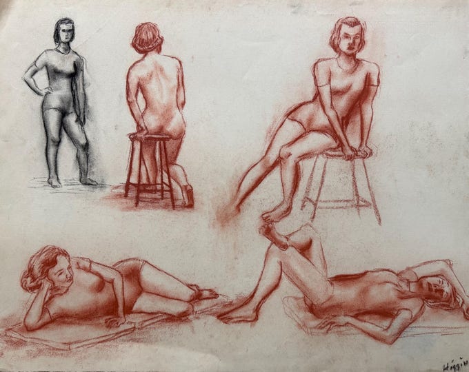 Vintage Figural Women Charcoal Drawing Illustration Modern Art Signed Higgins 8