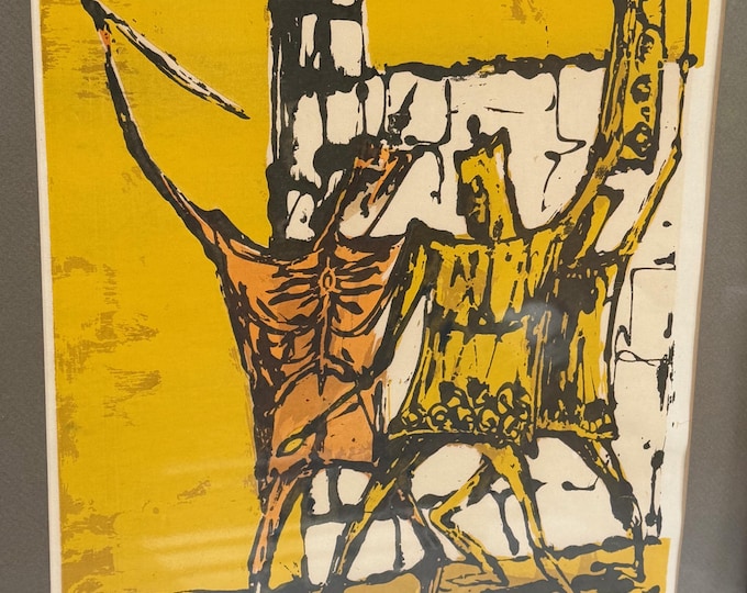 Vintage MCM Figural Battle Woodblock Print Mid Century Modern Art Irving Amen?