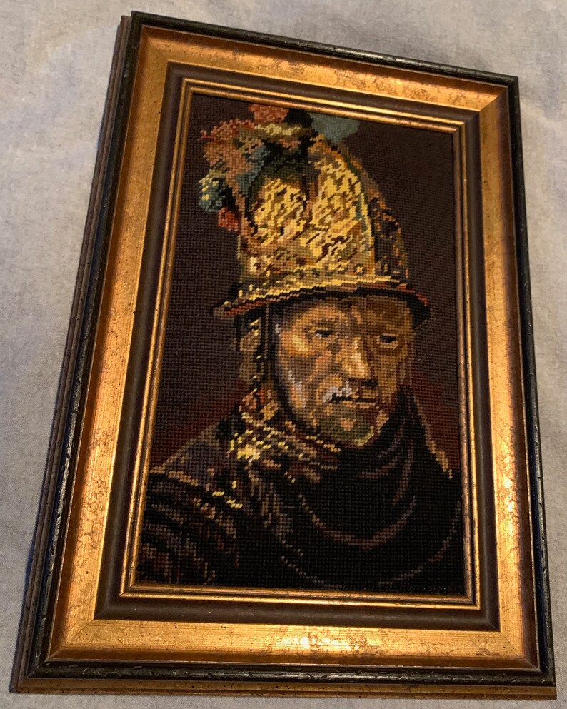 Vintage Rembrandt Man Gold Helmet Framed Needlepoint Modern Art Wall Hanging