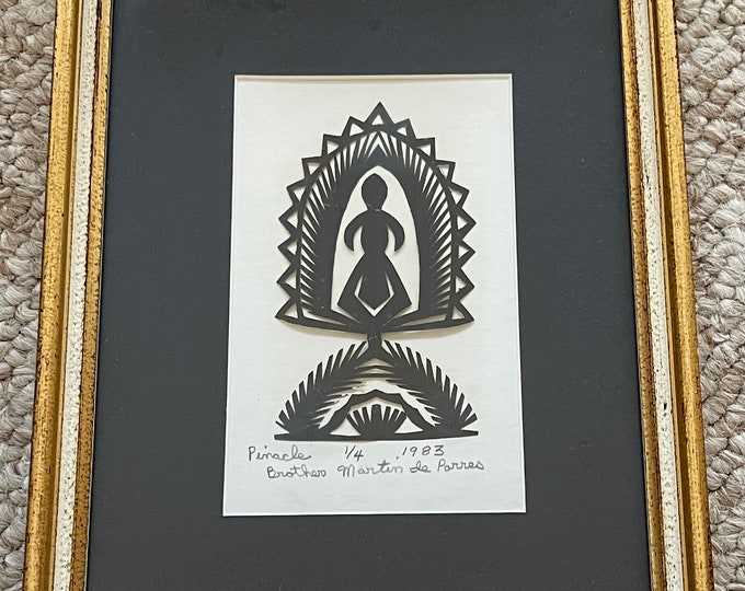 Small Vintage 80s Scherenschnitte Paper Art Pinacle Wall Hanging Signed Framed
