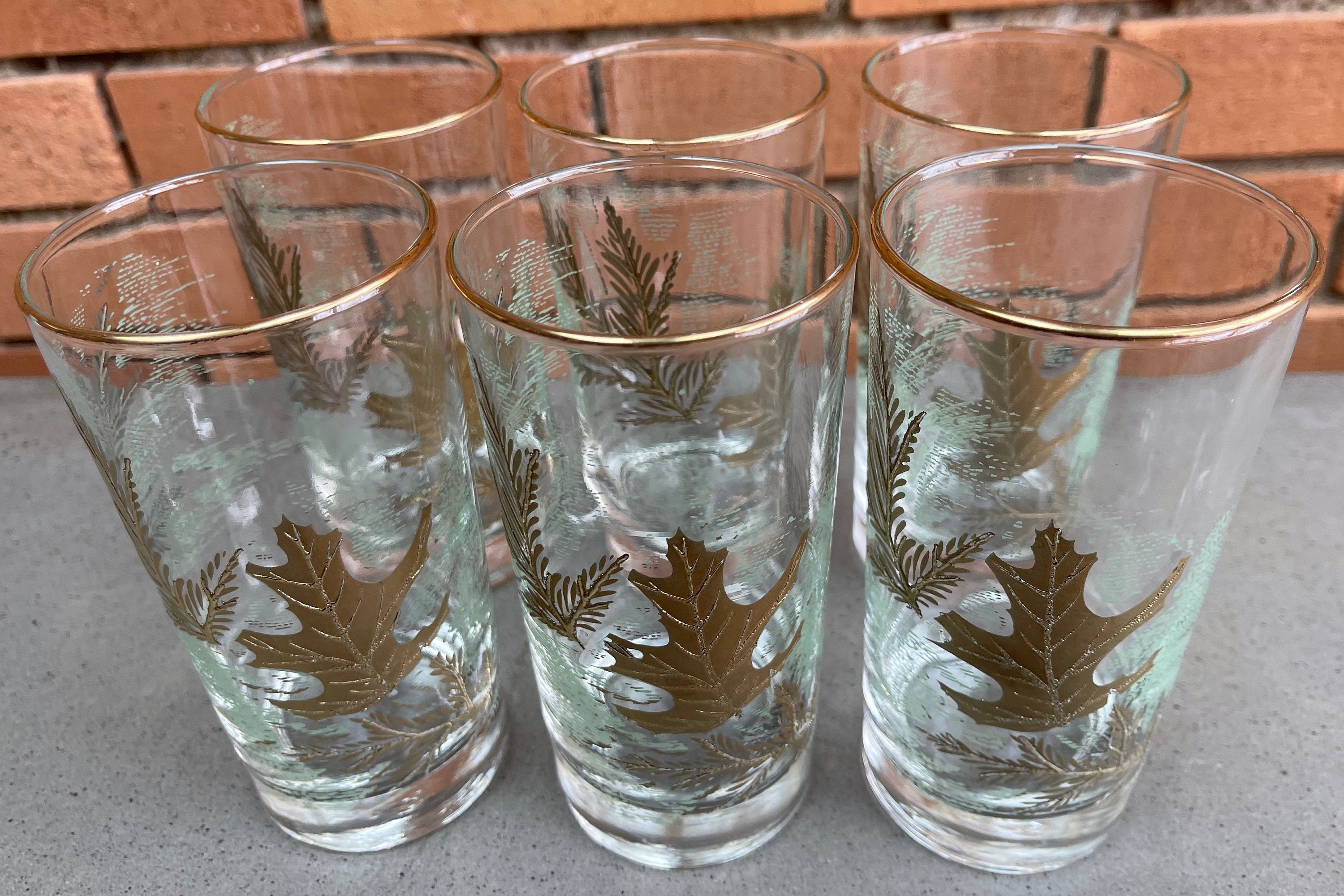 Set 6 Vintage LIbby Green Gold Oak Leaf Tumblers Glasses Mid Century