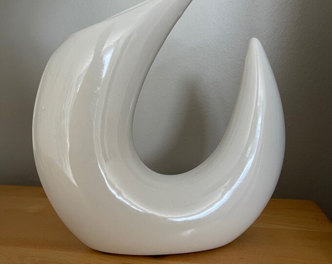 Vintage White Crescent-Shaped Ceramic Vase Mid Century Modern Harris Potteries Chicago USA