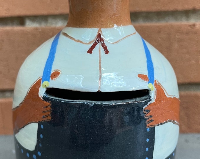 VIntage 80s Handmade Glazed Ceramic Mod Man Person Studio Pottery Bank Signed