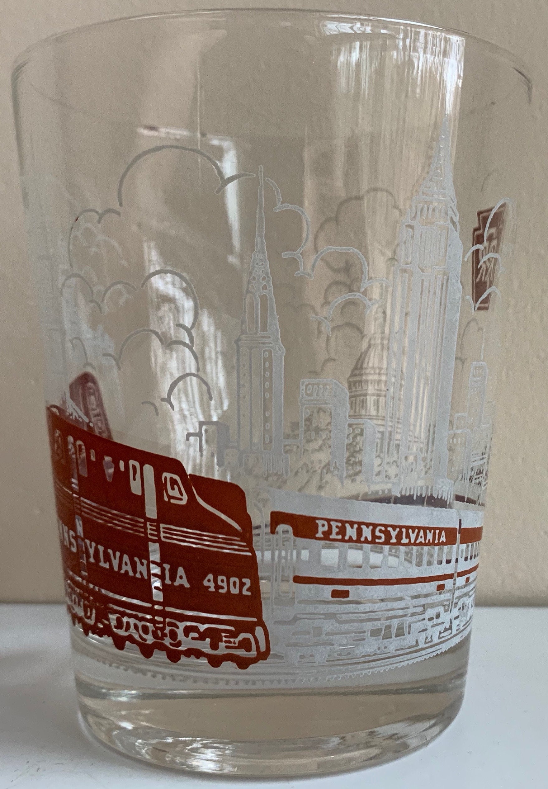 Vintage Brown White Pennsylvania Railroad Drinking Glass Train Libbey