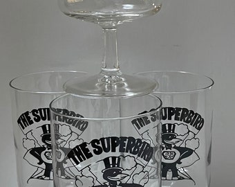 Set 4 Vintage 70s  "The Superbird" Bird Crow Stem Drinking Glasses Black Graphics