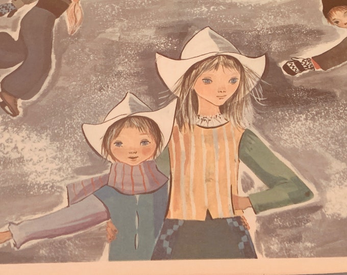 Charming Vintage 60s Children Ice Skating Lithograph Print Wall Hanging Mid Century Modern Retro Art
