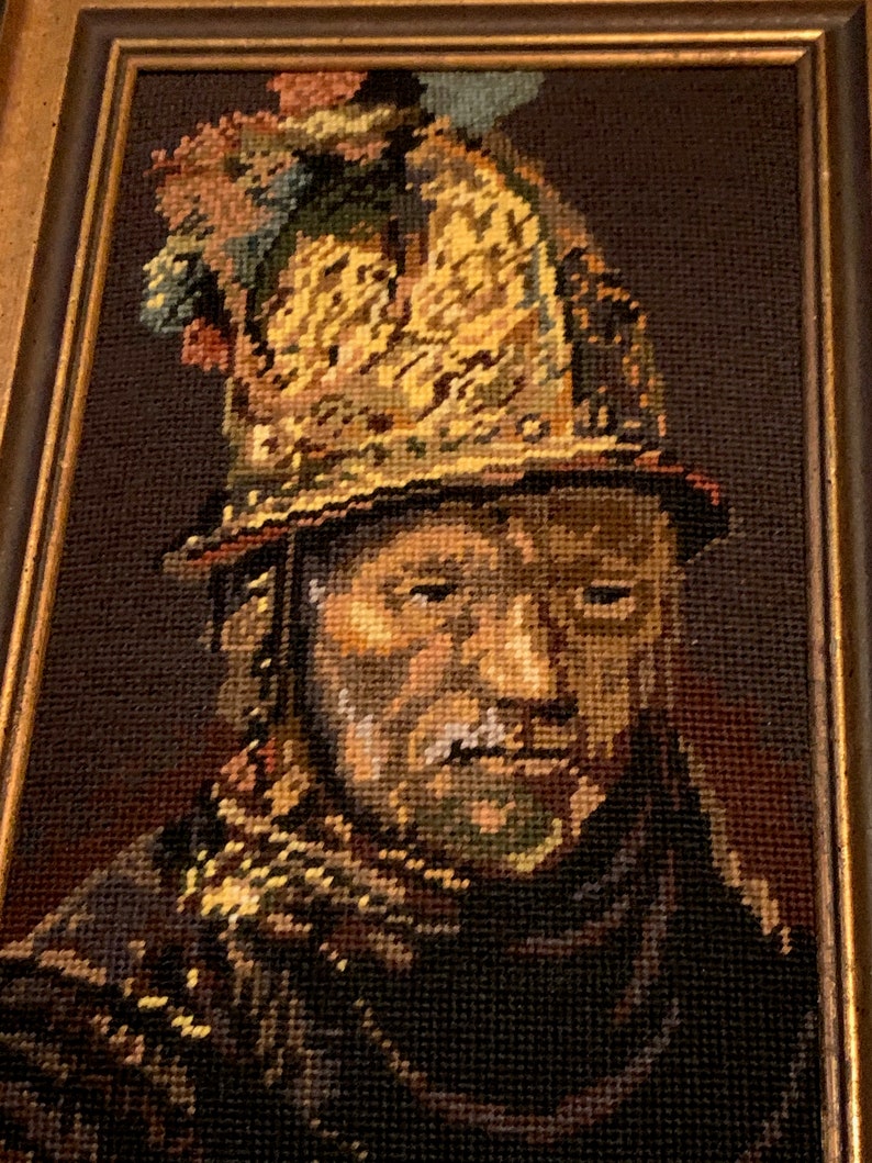 Vintage Rembrandt Man Gold Helmet Framed Needlepoint Modern Art Wall Hanging