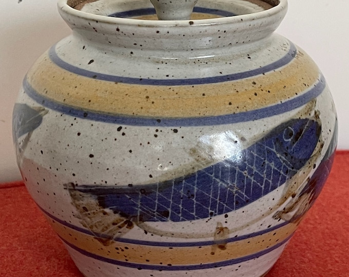 Vintage 80s Handcrafted Decorative Studio Pottery Jar Fish Ceramic Stoneware Modern Signed Muehler