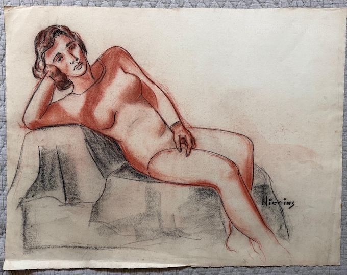 Vintage Figural Woman Charcoal Drawing Illustration Modern Art Signed Higgins 9