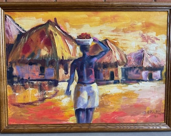 Vintage 90s South American Woman Figural Oil Painting Framed Art Signed Restrepo