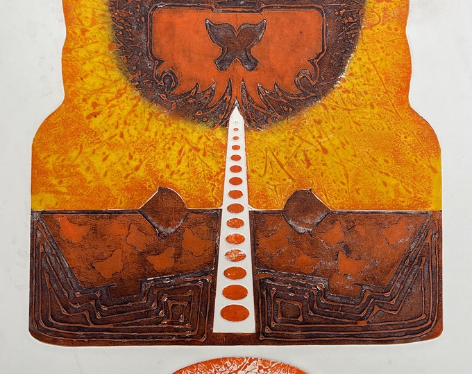 Vintage Abstract Orange Rust Brown Embossed Print Modern Art Wall Hanging Signed