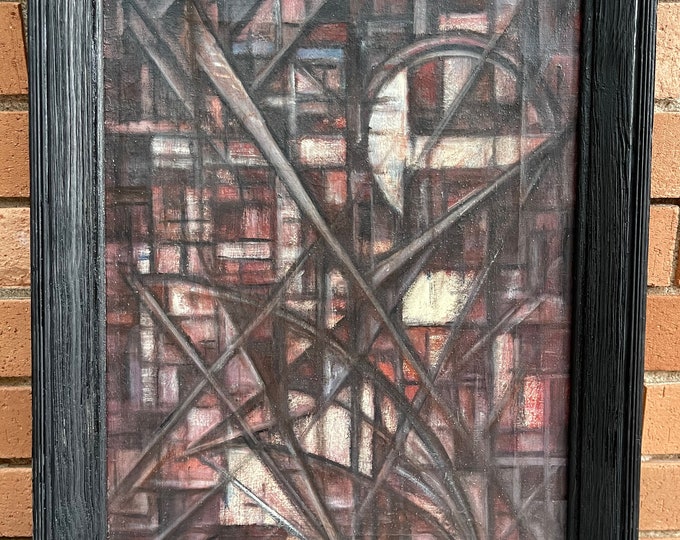 Framed Vintage 1960s Cubist Abstract Shapes Geometric Oil Painting Mid Century Signed Cason