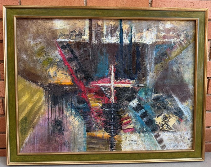 Vintage MCM Abstract Brutalist Painting Textured Mid Century Signed Modern Art