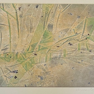 May include: Abstract art print with a green, yellow, and brown color scheme. The print is signed "Susan Koch C. 71" in the bottom right corner.