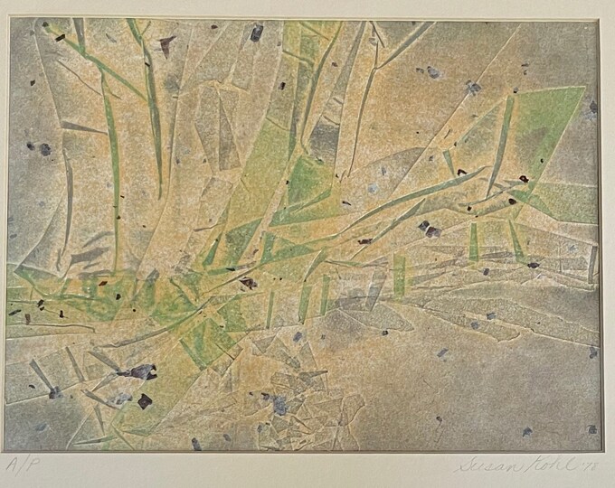 Unique Vintage 70s Green Yellow Abstract Artist Proof Wall Hanging Modern Art Signed Susan Kohl