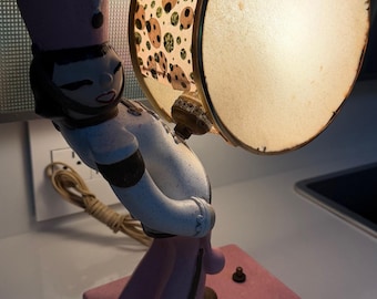 Rare Vintage Drummer Pink Chalkware Lamp Fiberglass Shade Mid Century MCM 1950s