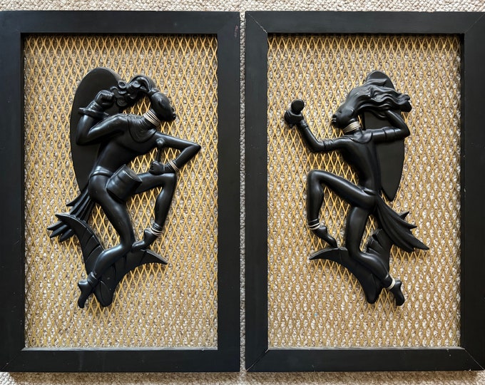 Set Vintage 1950s Sculptural Tribal Aboriginal Dancers Wall Hangings Mid Century Modern MCM Art