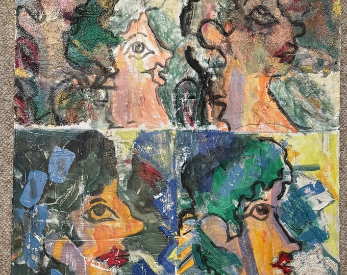 Vintage Textured Abstract Figural Heads Painting Mixed Media Art Signed Pollack