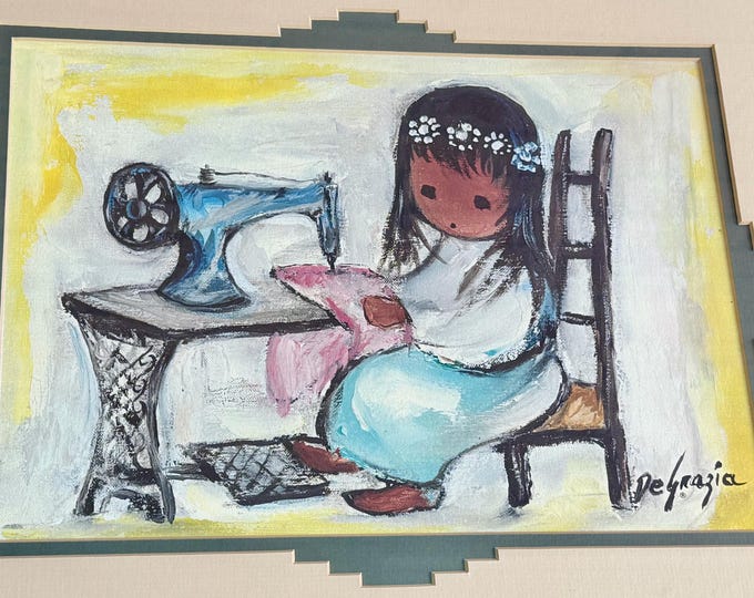 Vintage DeGrazia Lithograph Print Framed Wall Hanging Southwest Girl Sewing