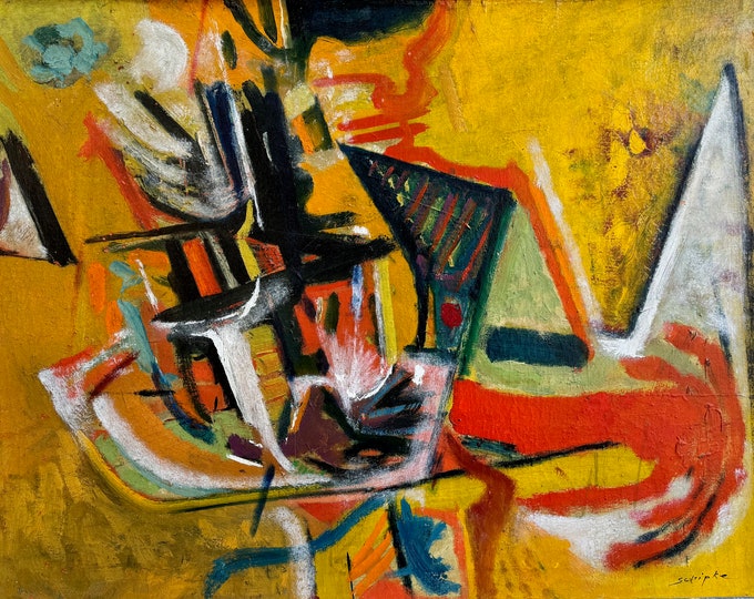 Vintage 1950s Abstract Oil Painting Mid Century Modern Art MCM Signed Schipke