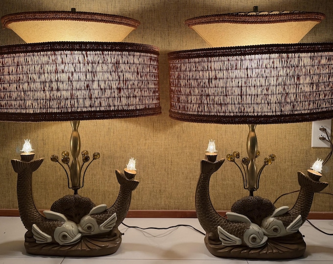 Vintage MCM Fish Koi Chalkware Lamps Fiberglass Shades Mid Century Modern 50s Retro