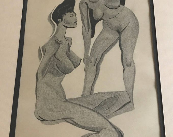 Vtg 60s Charcoal Nude Drawing Retro Art Mid Century Modern Naked Wall Hanging