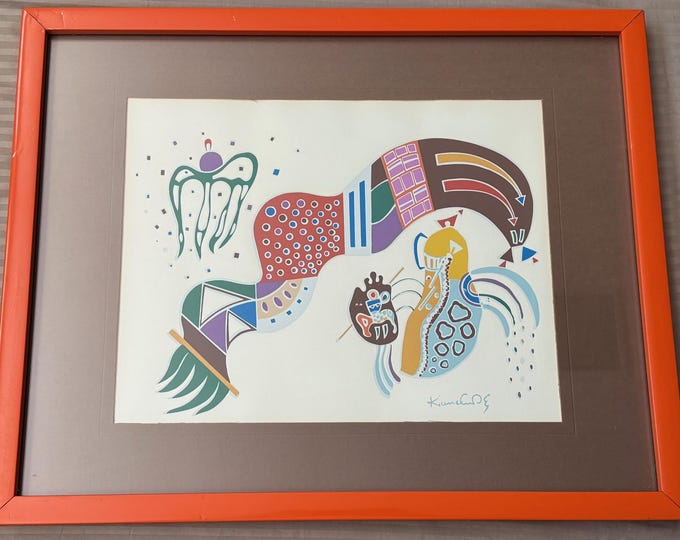 Vintage Wassily Kandinsky Abstract Figural Screen Print Modern Art Wall Hanging