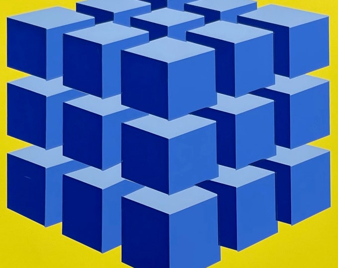 Vintage Geometric Cube Op Art Screen Print Modern Art Wall Hanging Hernandez