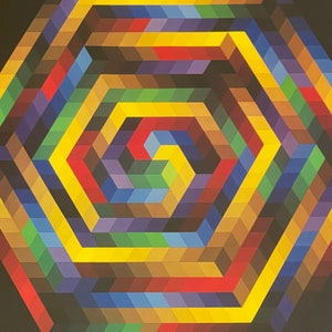 May include: Geometric abstract art print featuring a colorful hexagonal design. The artwork uses a variety of colors, including yellow, red, blue, and brown, arranged in a repeating pattern. The background is black.