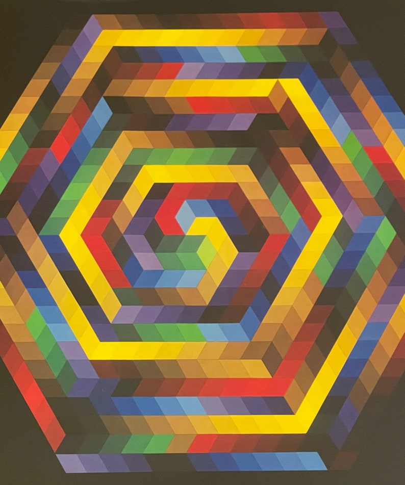 May include: Geometric abstract art print featuring a colorful hexagonal design. The artwork uses a variety of colors, including yellow, red, blue, and brown, arranged in a repeating pattern. The background is black.