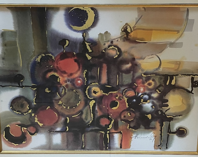 Nice Vintage 90s Framed Abstract Lithograph Print Modernist Art Wall Hanging Signed