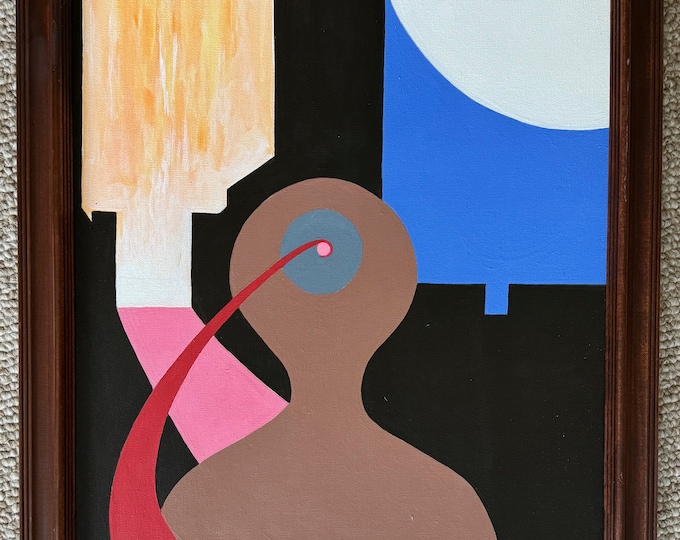 Vintage Surreal Abstract Geometric Painting Art Wall Hanging Signed REM Menges
