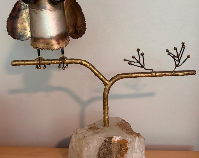 Vintage Jeré Metal Owl on Branch Sculpture Modern Art Signed 70s Mid Century MCM