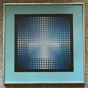 Vintage Victor Vasarely Op-Art Framed Print Wall Hanging Mid Century Modern Art