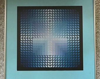 Vintage Victor Vasarely Op-Art Framed Print Wall Hanging Mid Century Modern Art