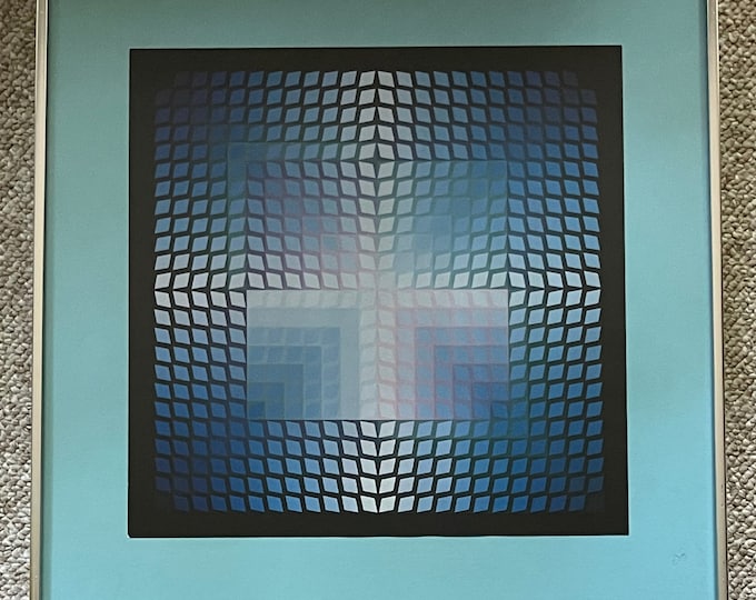 Vintage Victor Vasarely Op-Art Framed Print Wall Hanging Mid Century Modern Art