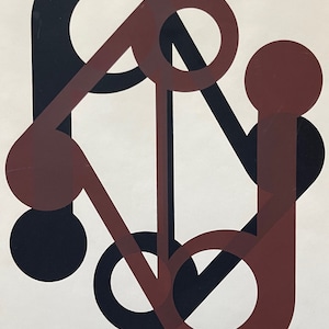 May include: Abstract geometric print with overlapping circles and lines in black and maroon. The print is titled "Highways" and signed "Susan Kohl" with the number "6/9".