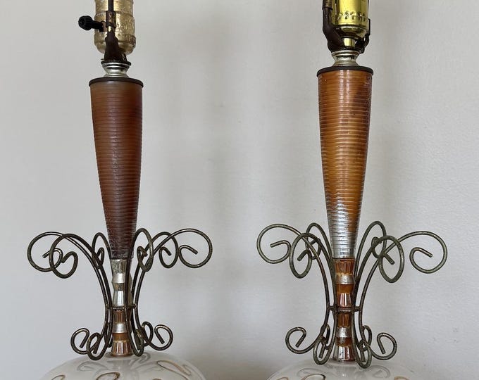 Vintage MCM 1950s Ceramic Brass Atomic Era Lamps Mid Century Modern Lighting